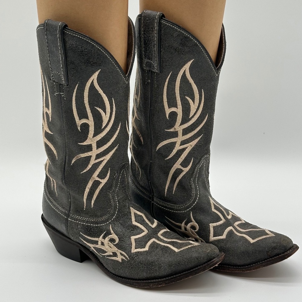 Justin Womens 6 B Western Boots Grey Suede Tribal Cross Embroidery Cowgirl Goth